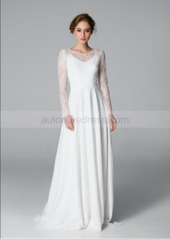 Long Sleeves Ivory Lace Pearl Buttons Back Wedding Dress